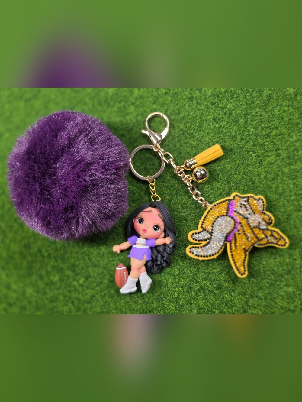 Cute Purple Pom-Pom Keychain with Vikings Cheerleader Doll Charm